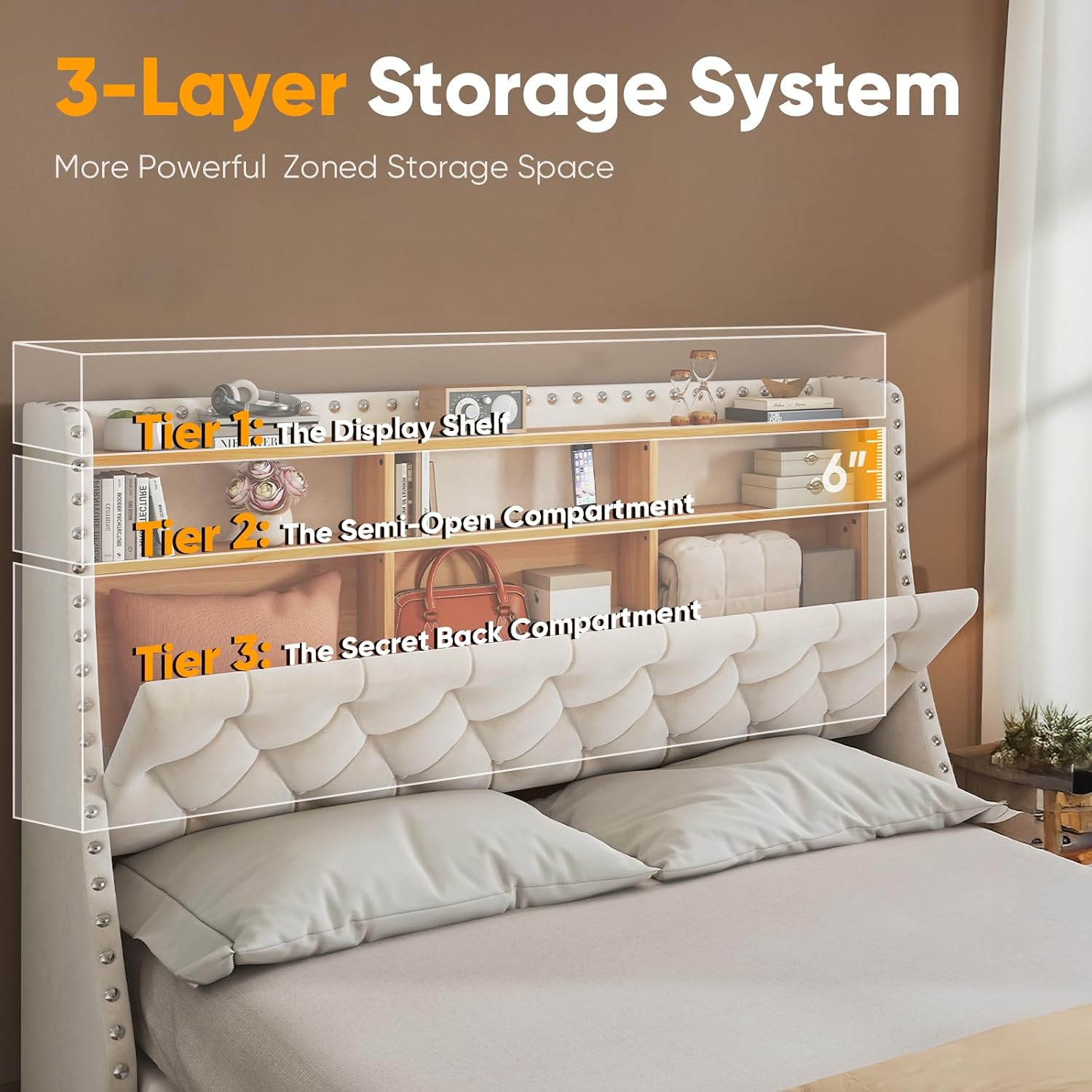 TATAGO Bed Frame with Headboard Upholstered (3-Tier Storage), Metal Bed Frame Built in Charging Station, Storage Drawers with Wheels, No Box Spring Needed, Load 1000lbs Easy Assembly, Full Size Beige