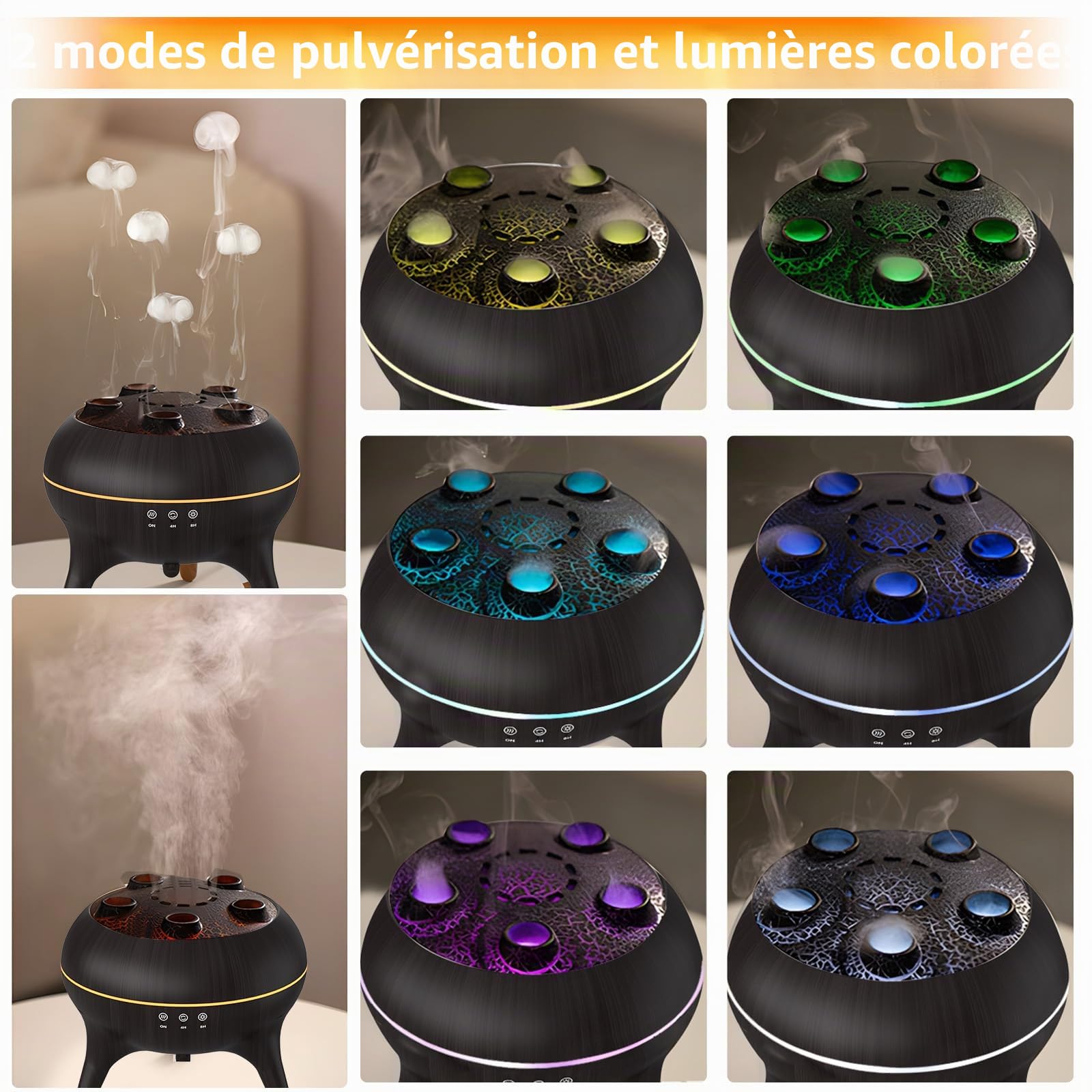 Diffuseur d'huiles essentielles pour chambre à coucher, 250 ml, brume méduse, humidificateur d'air, aromathérapie, diffuseur d'arômes avec lumières LED de 8 couleurs, minuteries, arrêt automatique