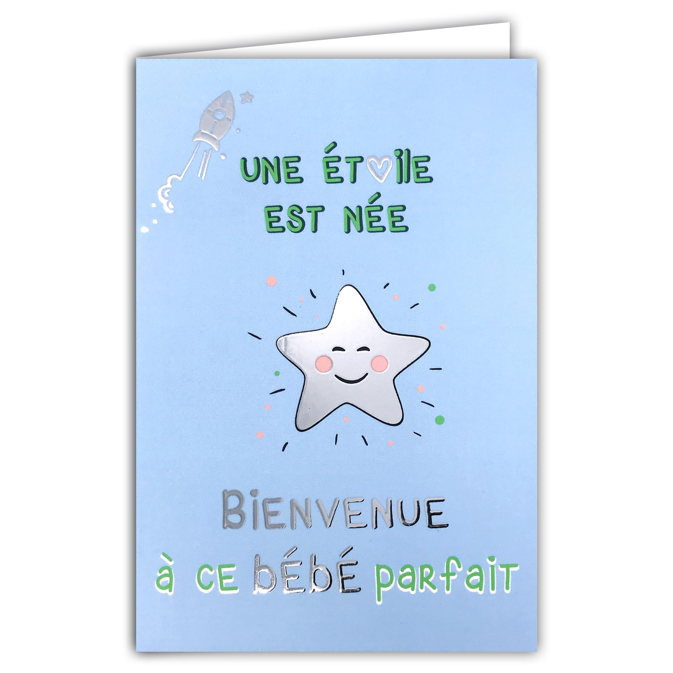 69-9041 Congratulations to Parents Card for Birth or Adoption Boy/Girl Welcome to this Perfect Baby Star Rocket Shiny Silver + Envelope 12 x 17.5 cm