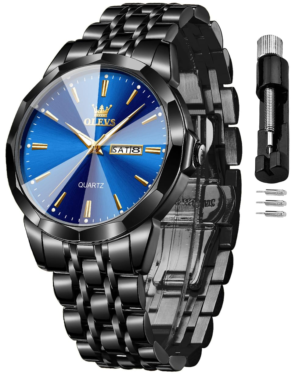 OLEVS Watches for Men Analog Quartz Dress Business Black Watch Day Date Stainless Steel Classic Casual Luxury Luminous Waterproof Male Wrist Watches Blue Face (B0D793DNDZ) Amazon Price History, Amazon Price Tracker