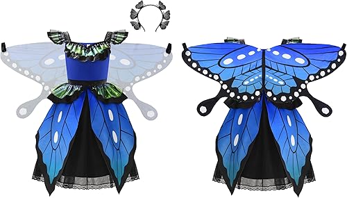 Miniatura 2 de ReliBeauty Disfraz de mariposa para niñas con alas de mariposa y diadema de mariposa, azul