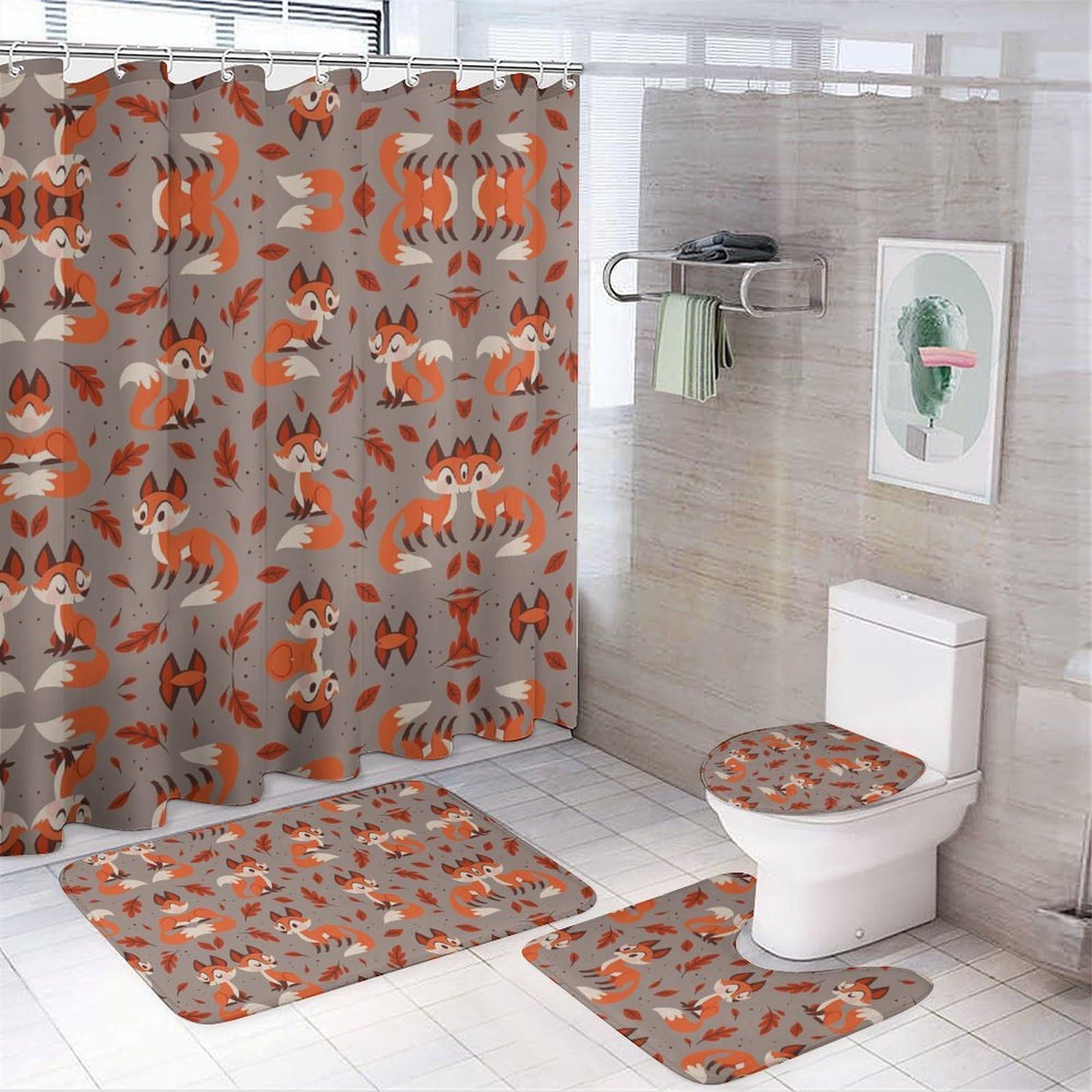 JZemdybill Bathroom Mat Set 4 Piece, Cartoon Fox Shower Curtain with Non-Slip Bath Mats for Bathroom