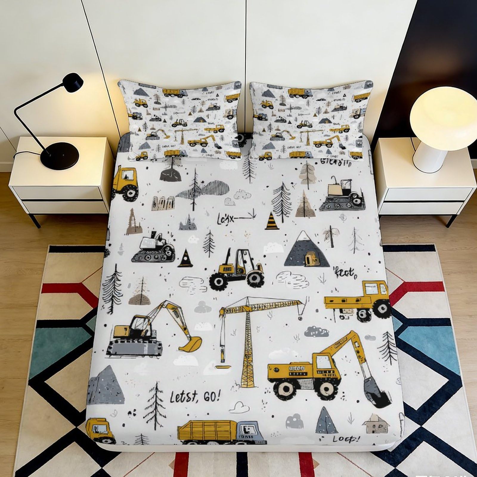 3D Printed Construction Vehicles Fitted Sheet Microfiber Anti-Slip Bed Cover for Bedroom Dorm Dustproof Washable 90x200x25cm