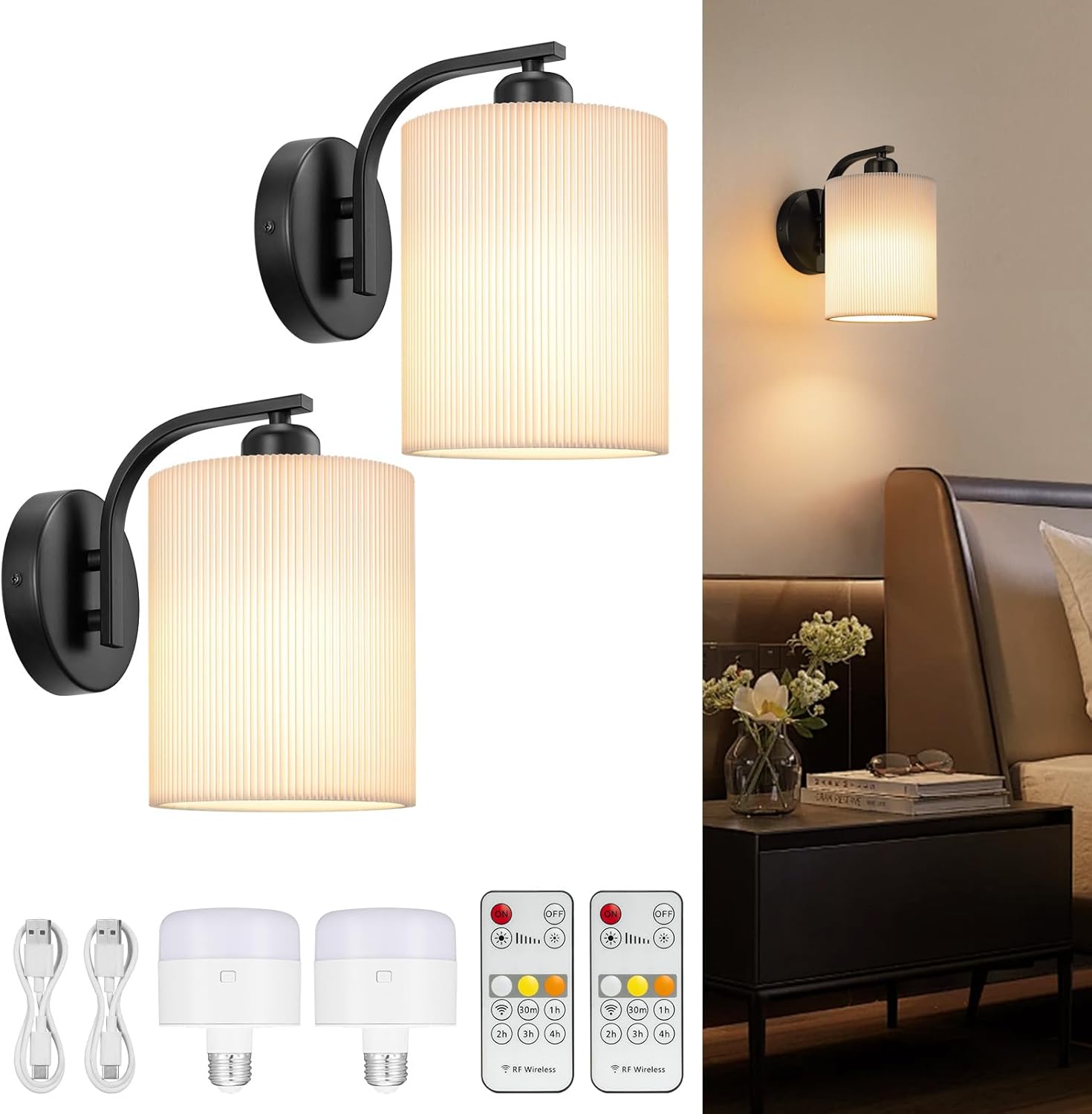 Battery Operated Wall Sconce Set of 2, Rechargeable Wall Sconce with 13000mAh Bulb Pleated Fabric, Wireless Battery Powered Wall Sconces Set of 2 for Bedroom Living Room, Black