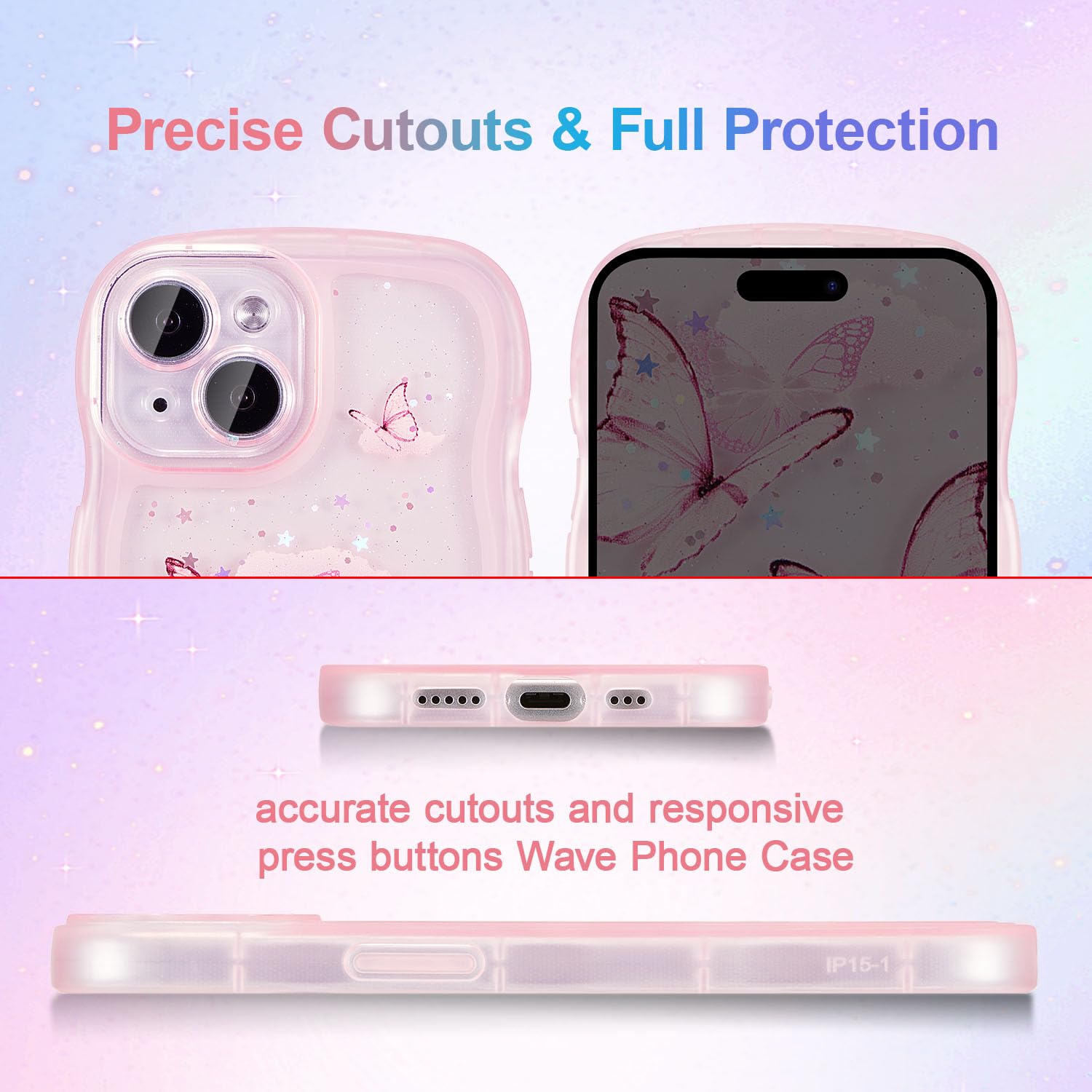 UEEBAI Wave Case for iPhone 13, Cute Bling Butterfly Case for Girl Women Pretty Glitter Sparkle Stars - Image 4