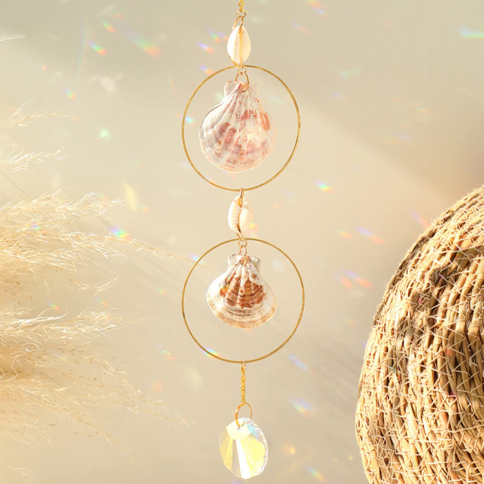 Outdoor Hanging Decor, Acrylic Sun Catcher with Natural Stone and Seashell Pendant, Garden Suncatcher with Metal Chain for Prism Light Reflection for Indoor and Outdoor Use