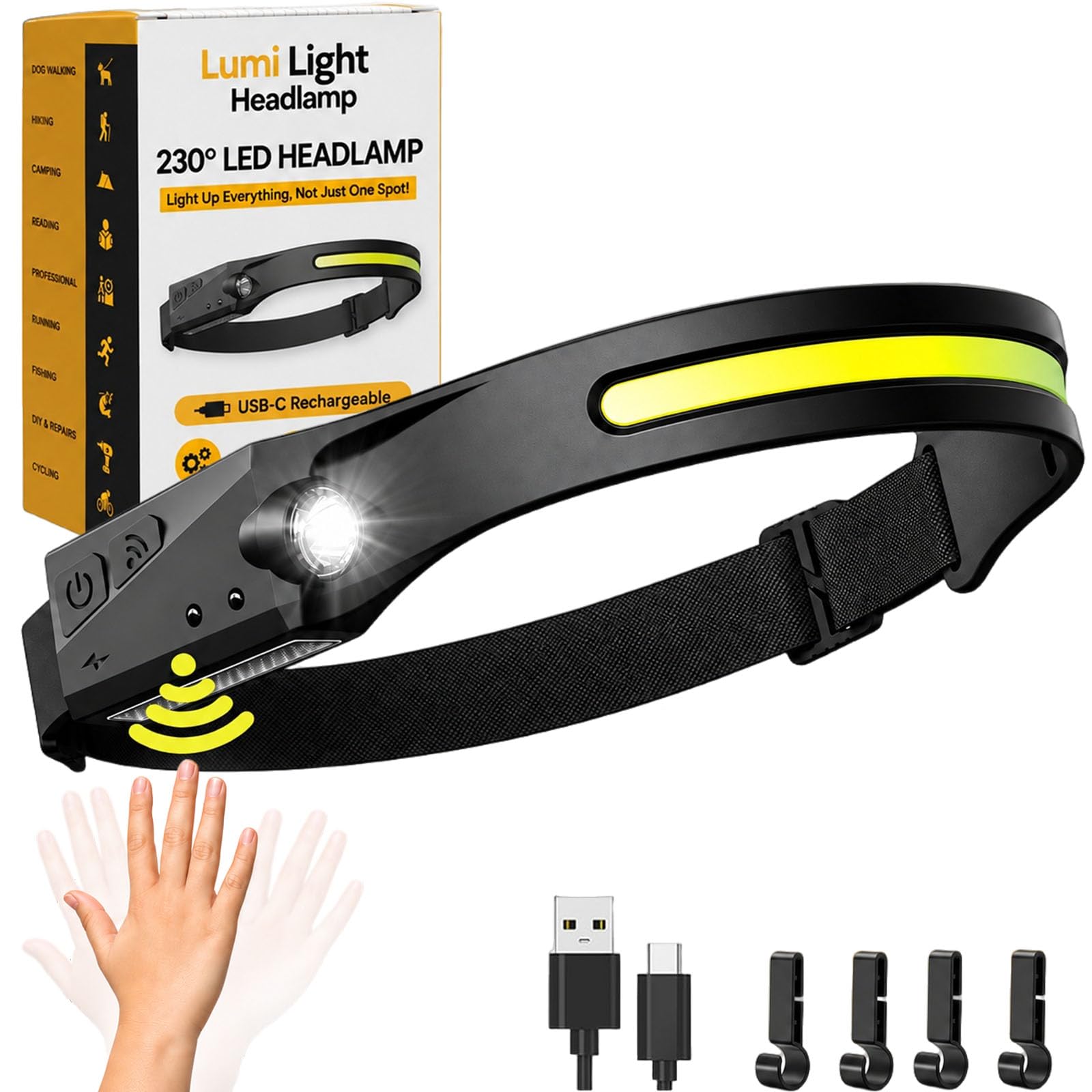 LED Headlamp Rechargeable Flashlight | LED Headtorch, Rechargeable 230 Wide Angle Beam Headlight, 4 Light Modes Adjustable Waterproof Head Lamp with Motion Sensor