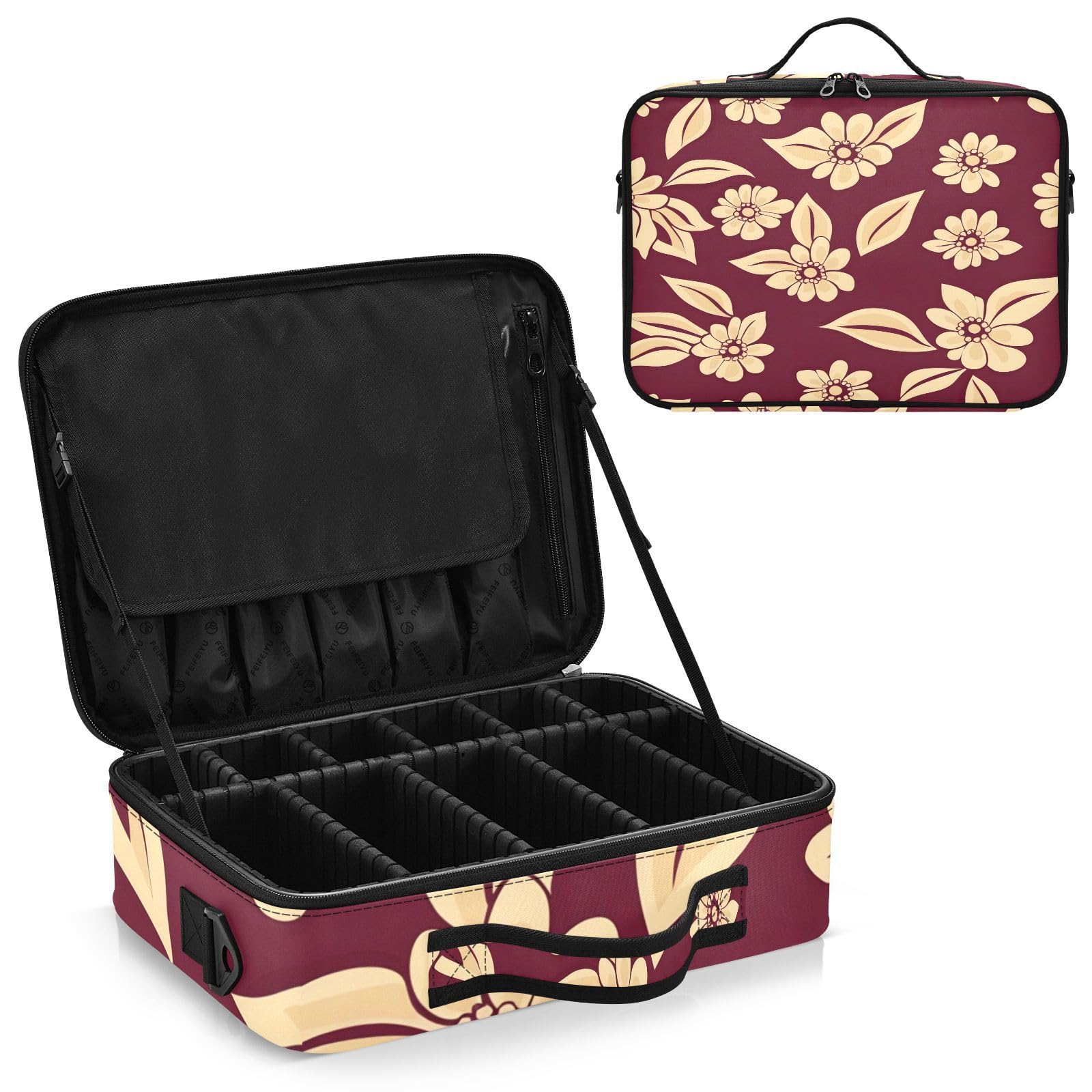 zyrtty Travel Makeup Train Case Yellow Flower Pattern Wine Red Cosmetic Organizer Portable Storage Bag with Adjustable Dividers for Cosmetics Brushes Toiletry Jewelry Digital Accessories