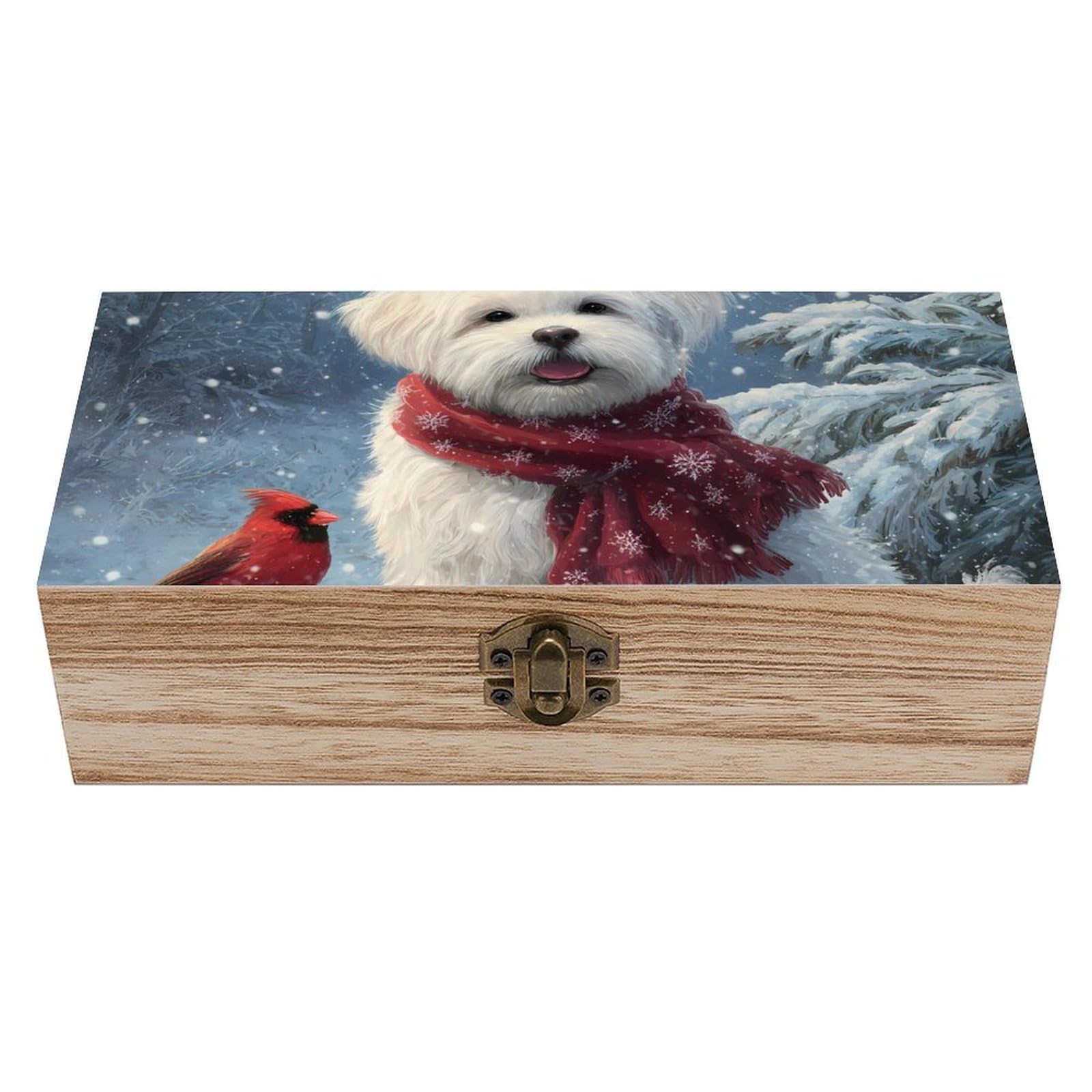 HLBSDM Snowy Cardinal Maltese Dog Wooden Box with Hinged Lid Decorative Storage Case Container