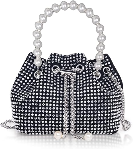 DOSYSO Rhinestone Bucket Bag Mini Evening Pearl Handle Handbags Clutch For Women Drawstring Crossbody Sling Bags with Chain Strap Stylish Potli…