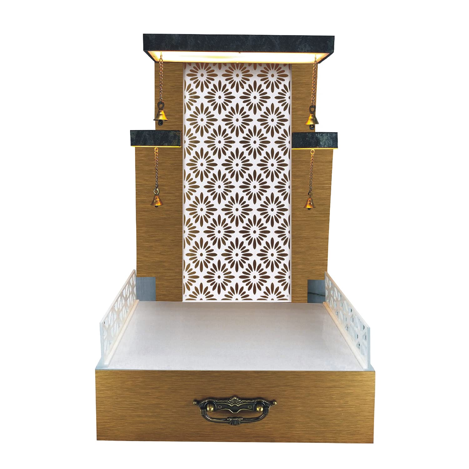 Mandir en bois doré 24x16x10 pour maison avec lumières intégrées
