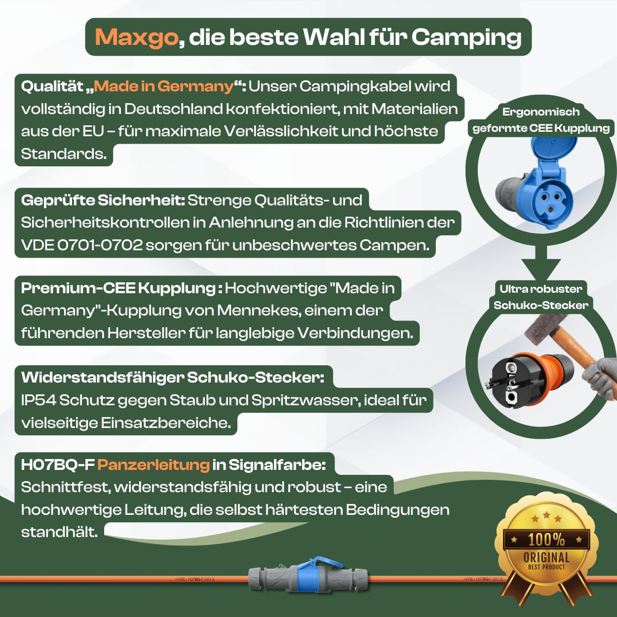 maxgo Camping Adapter Schuko auf CEE – 230V 16A 3x2,5 H07BQ-F Kabel 15m