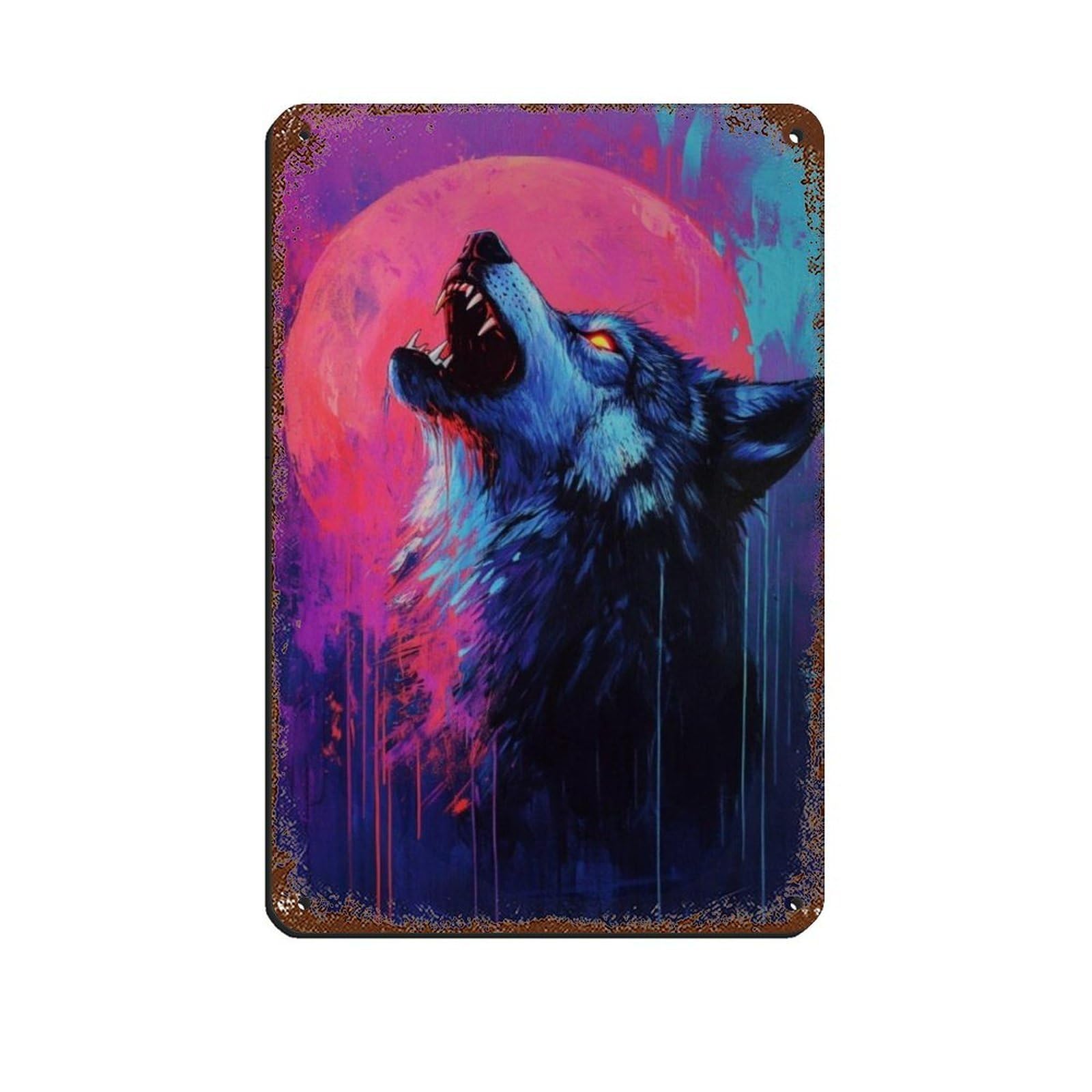 Lxwnze 20L X 30W Cm Wolf Howling At Full Moon Retro Poster Metal Tin Sign Chic Art Retro Iron Painting Bar People Cave Cafe Family Garage Poster Wall Decoration 8X12inch(20X30cm)
