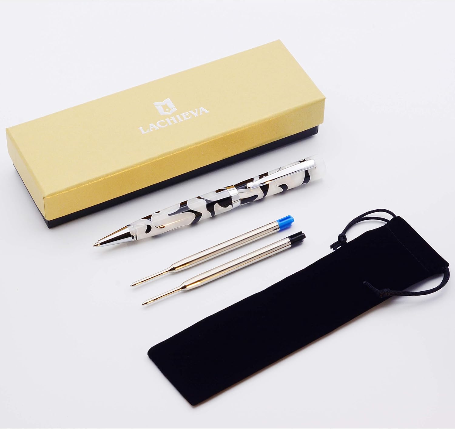 LACHIEVA LUX Marbled Acrylic Ballpoint Pen – Smooth Writing, Stylish Design, Gift-Ready with Box & Extra Ink (Black & White)