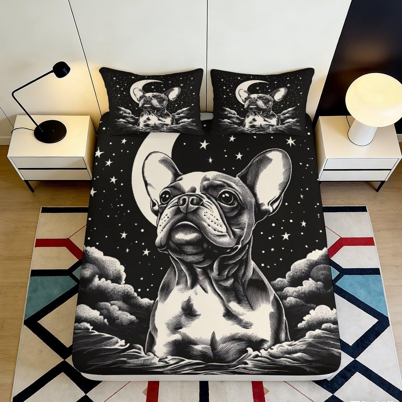Uxinyoume Style-3 3D Printed Moon Night French Bulldog Fitted Sheet Microfiber Soft Bed Cover For Bedroom Dorm Decor Mattress Protection 90X200x25cm