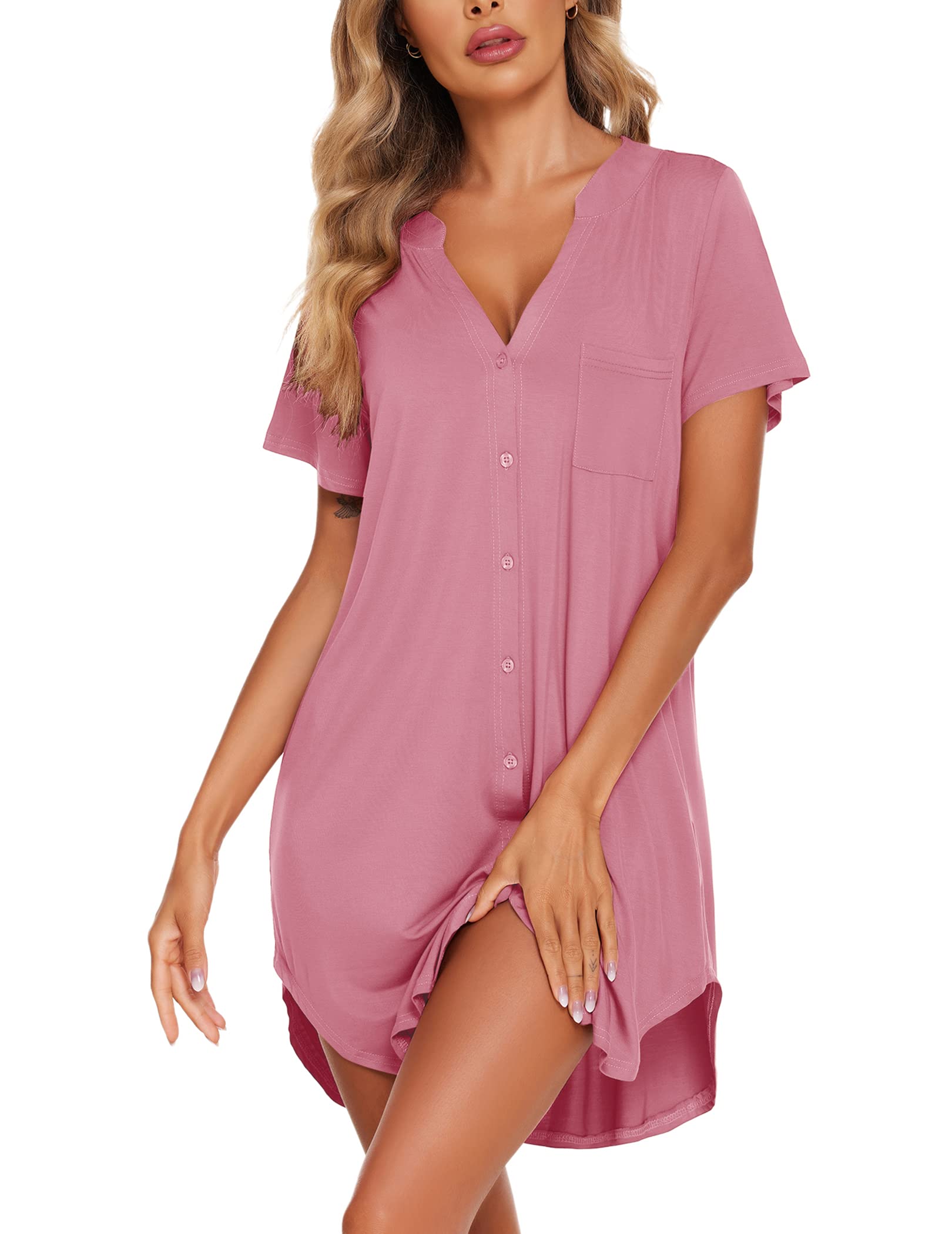 Ekouaer Nachthemd Damen Sommer Schlafshirt Kurzarm Nachtwäsche Sexy Schlafhemd V-Ausschinitt Sleepshirt,S-XXL
