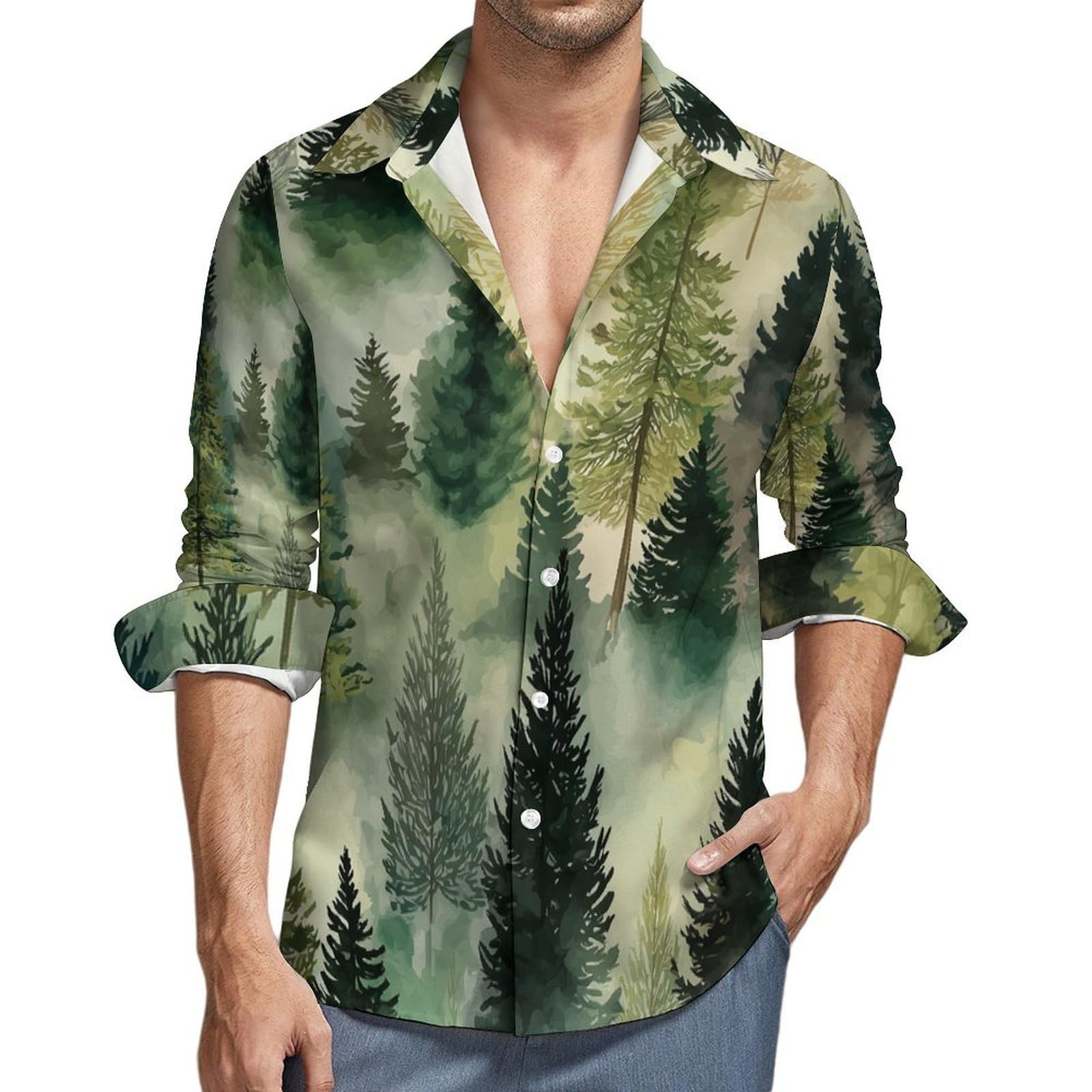 Camisa de Lino Verde para Hombre - Camisas de Manga Larga Casual Verano Camisa Bosque De Pinos En Acuarela con Botones Camisas Ajuste Regular Ropa de Playa Vacaciones Trabajo