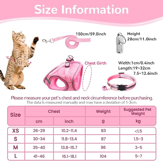 Cat Harness and Lead Set,Adjustable Reflective Stripe Cat Kitten Walking Vest with Leash Cats Collar,Escape Proof Soft Mesh Vest Harness and Lead for Small Medium Cats Pets Walking