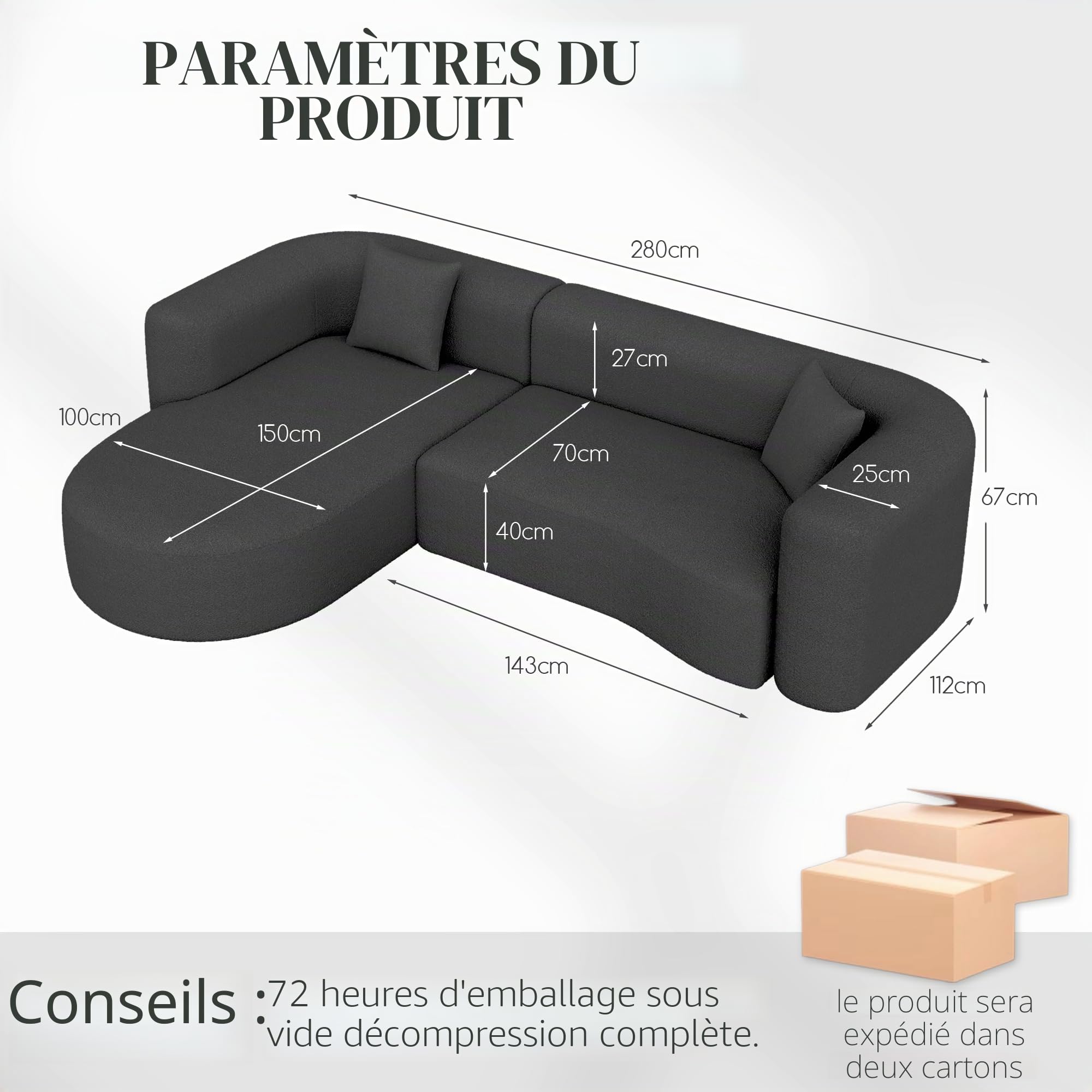 AVAWING Canapé d'angle, 280 cm, avec Installation en Mousse Pure, canapé d'angle 3 Places, canapé en Forme de L, pour Le Salon