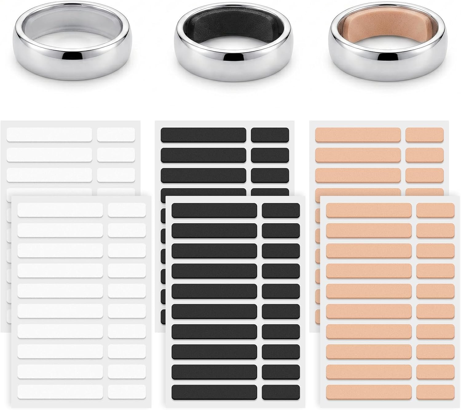 WLLHYF 6 Sheet Ring Size Adjuster, Filled Metal Ring Guard Set 3 Color Black White Skin Invisible Rings Adjuster Spacers Comfortable for Women Men Loose Rings