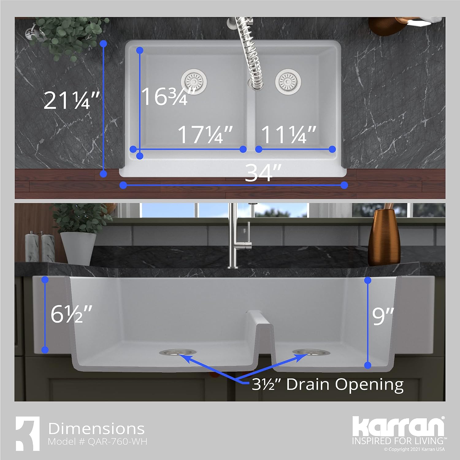Karran 34 Inch Retrofit Farmhouse Sink 60/40 Low Divide Double Bowl Quartz Composite Kitchen Sink, Apron Front, Undermount, Heat & Scratch Resistant, Fits Standard Cabinet, White