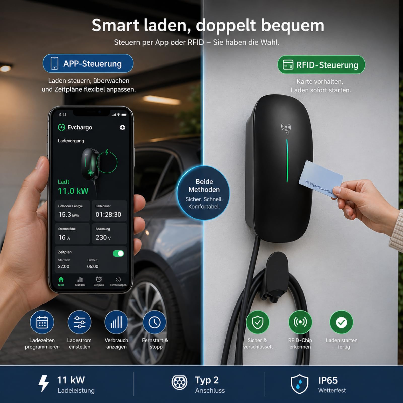 22 kW Wallbox Ladestation | Typ 2 Ladekabel 7m | WLAN, LAN & 4G | 6 mA DC-Fehlerstromschutz | App-Steuerung & 4 RFID-Karten | Schwarz | OCPP 1.6 & 2.0 | Lastmanagementfähig (11 kW(5m Kabel))