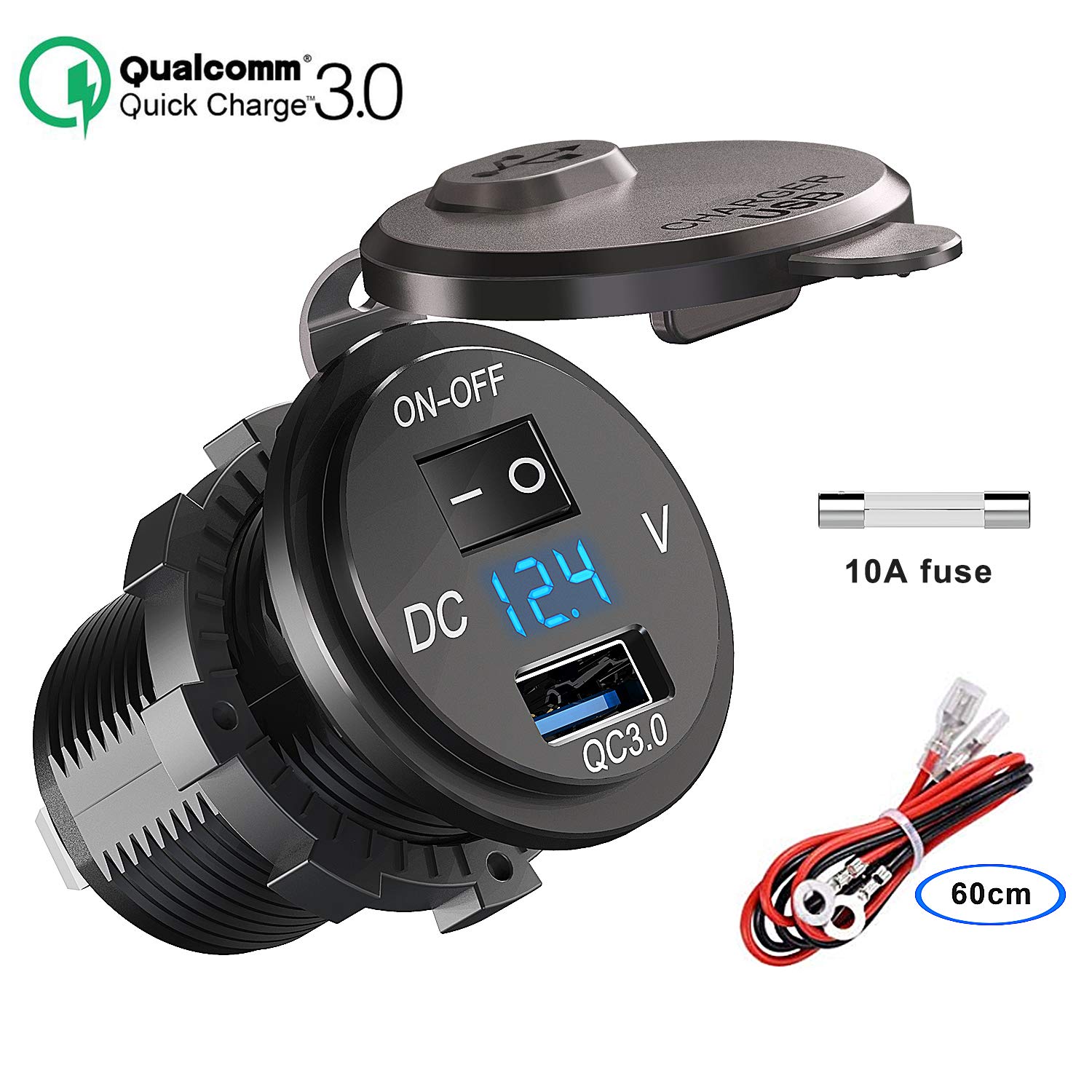 Gniazdo ładowarki USB 12 V/24 V, ładowarka samochodowa szybkie ładowanie 3.0 Zintegrowane gniazdo wodoodporny adapter z przełącznikiem LED woltomierz Wyświetlacz napięcia do motocykla, łodzi,