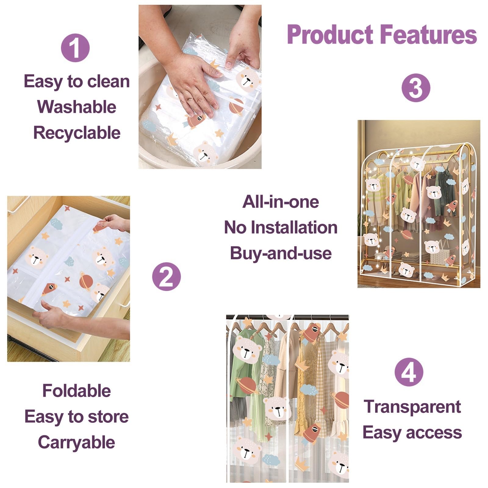 Hanging Garment Bags for Storage Long with Zipper Large Capacity Clear Garment Bags for Hanging Clothes Suitable for Suits, Dresses and Other Clothes(Clear,200x50x150cm)