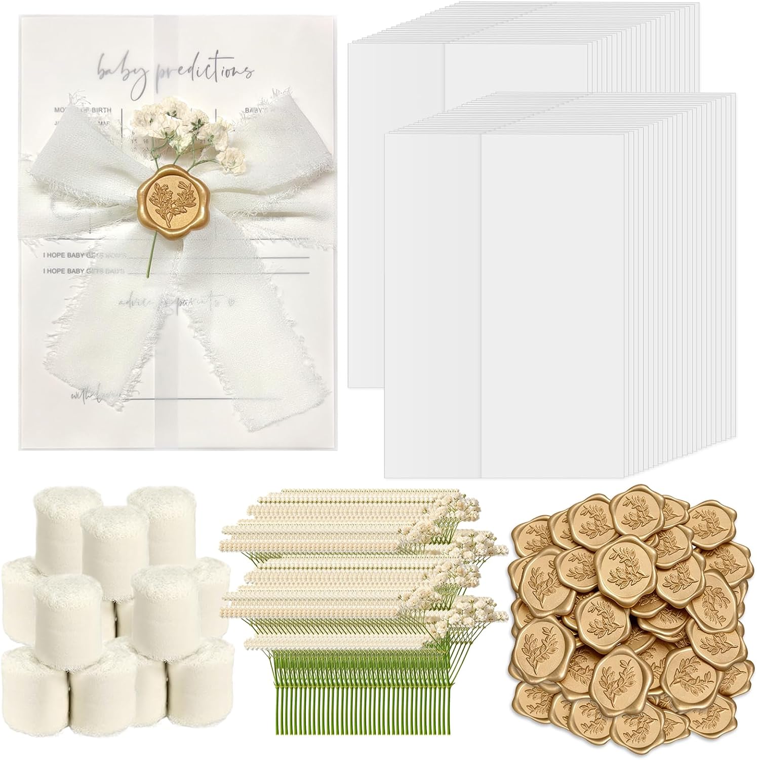 100 Sets Wedding Invitation Kit, Pre-Folded Vellum Jackets for 5x7 Invitations Accessories Wax Seal Stickers Ribbon & Dried Flowers for DIY Wedding Invites