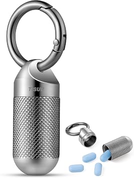 TISUR Titanium Keychain Pill Holder Small Metal Pill Case | Portable Waterproof Pill Container,Travel Pill Bottle Box for Purse