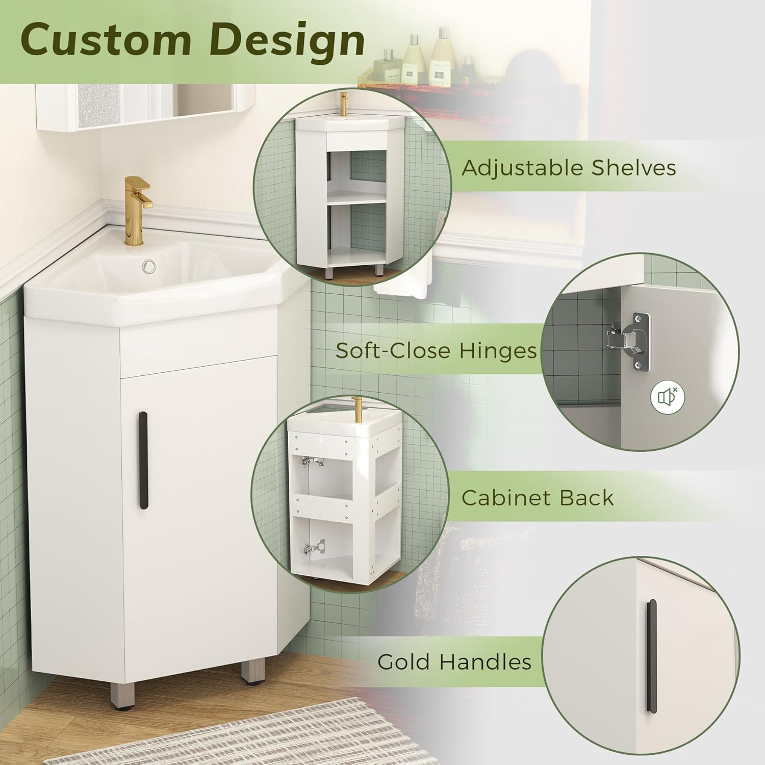 Close-up of vanity features including adjustable shelves, soft-close hinges, and gold handles