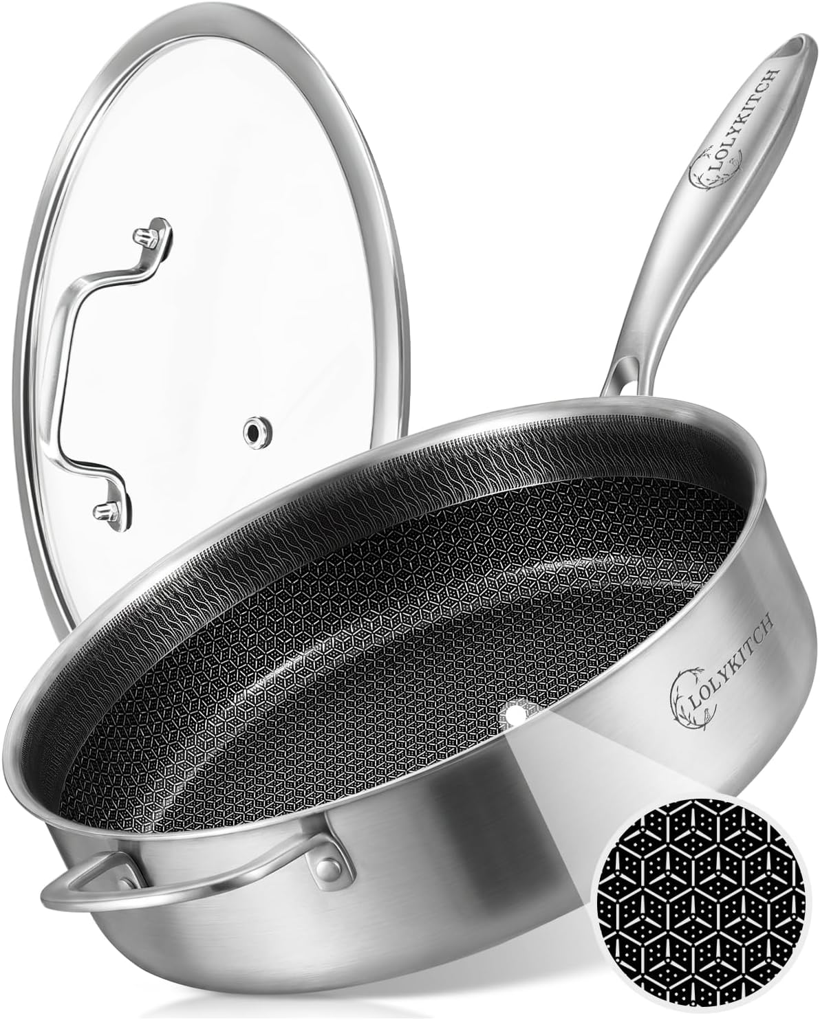 LOLYKITCH 6-Quart Large Frying Pan with Lid | 12 Inch | Detachable Handle
