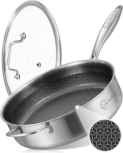 LOLYKITCH 6-Quart Large Frying Pan with Lid | 12 Inch | Detachable Handle | Tri-Ply Stainless Steel | Hybrid Nonstick Ceramic Coated | Deep Skillet | Saute Pan for Family Meals | Induction Oven-Safe