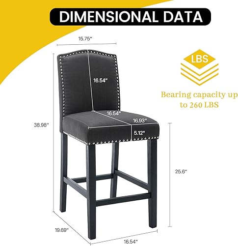 Miniatura 2 de KCC Taburete de bar de altura de mostrador de 26 pulgadas, taburete tapizado con respaldo alto con cabezas de clavo antiguas, juego de 2 sillas de