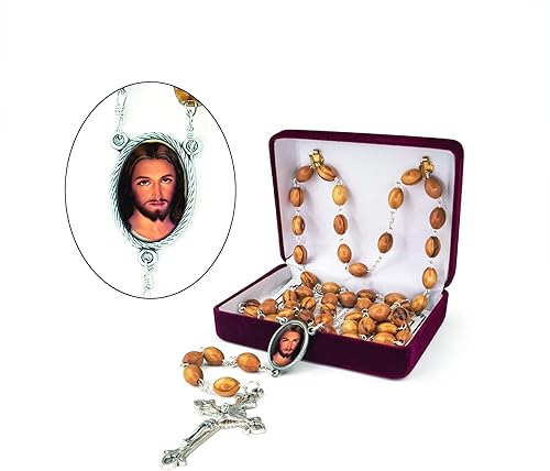 Miniatura 2 de TREE OF LIFE REV. 2214 Collar de rosario católico de madera de Israel, cuentas de rosario de madera de olivo con retrato de icono y colgante de cruz