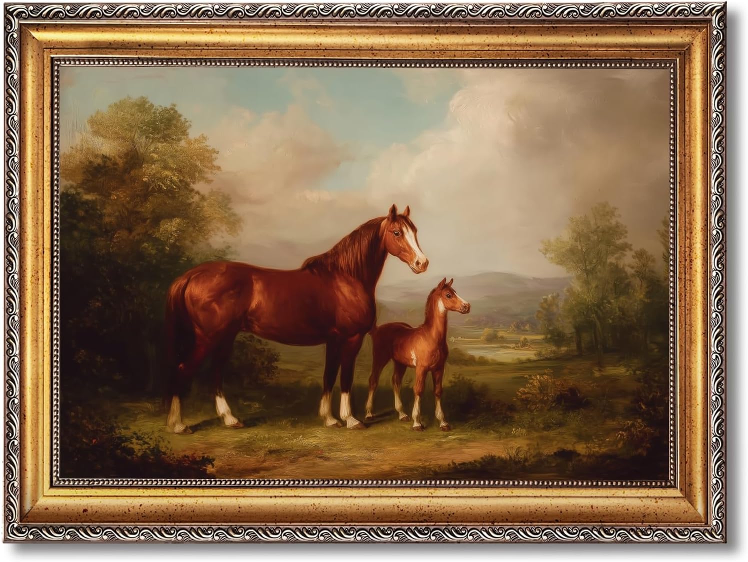 Large Framed Horses in Pastoral Landscape Oil Painting Poster Vintage Mare and Foal Animal Canvas Wall Art Retro Romantic Equine Rustic Equestrian Artwork Print for Home Bedroom Decor 24x36inch