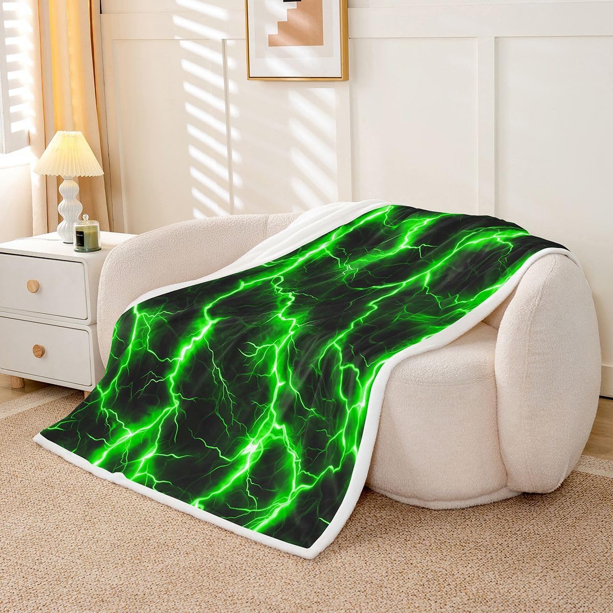 Feelyou Green Lightning Fleece Throw Blanket Geometric Sherpa Blanket for Kids Women Men Plush Fuzzy Gaming Design Queen 90"x90" for Bed Couch Chair Living Room Bedroom Decor image 2