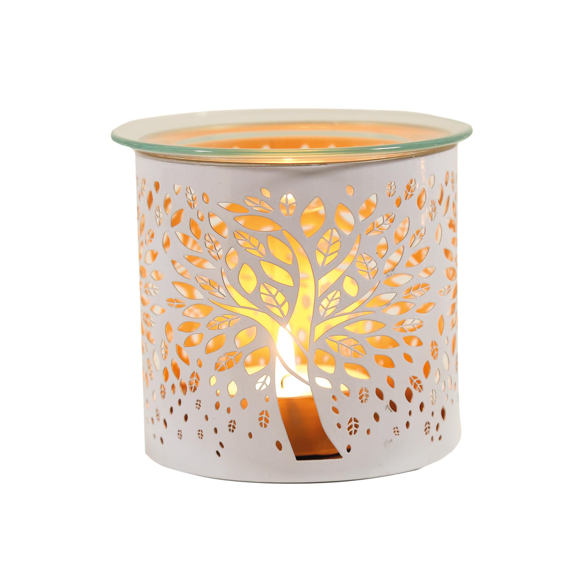Aroma Tealight Wax Melter & Candle Holder - White & Gold Silhouette Tree of Life 10.5cm