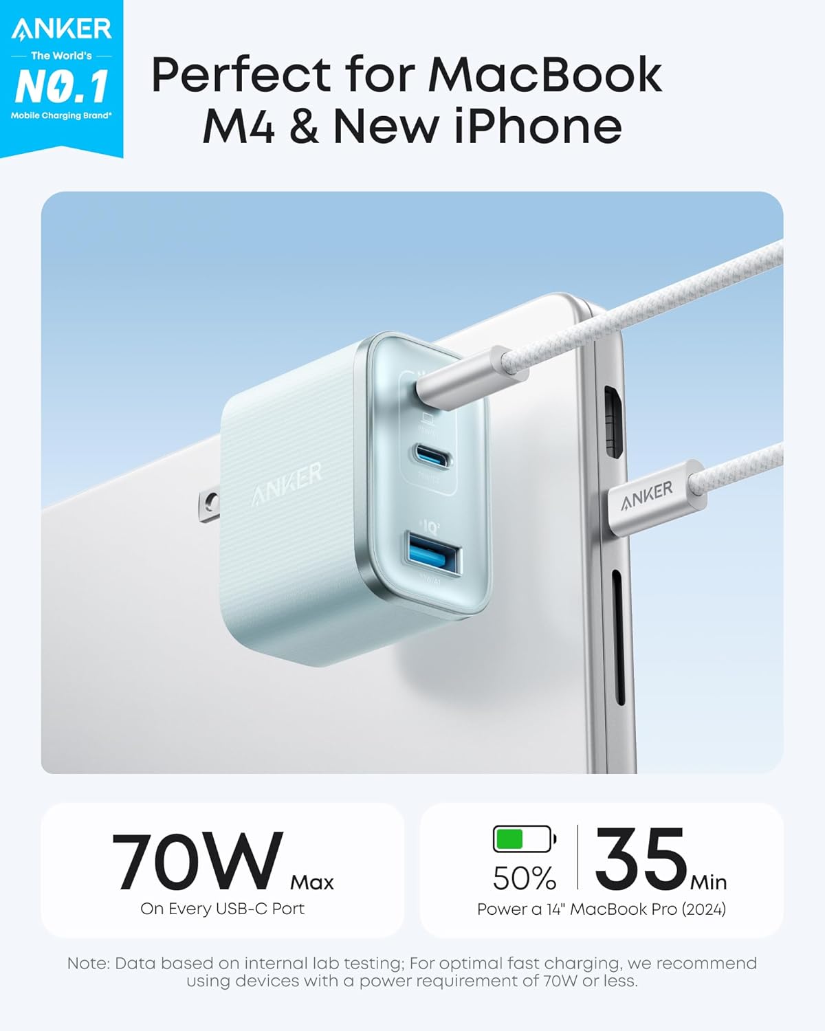 Anker Nano USB C Charger, Ultra-Fast 70W Output 3-Port Fast Charger USB C, Type C Charger Fast Charging, Compact and Stylish, for iPhone 17/16 Series,MacBook, iPad and More(Blue, Cable Included)