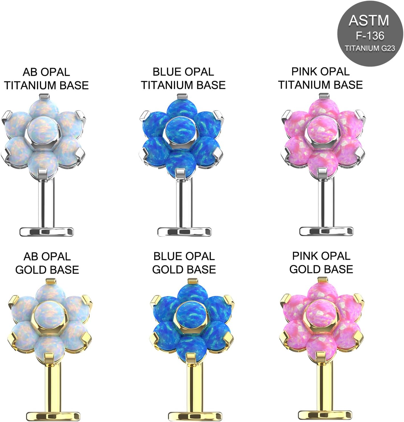 G23 Grade Titanium Seven AB, Blue, Pink Opal Stones Flower Push Fit Top 14 Gauge - 8mm, 10mm Length Lip Labret Rings Floating Belly Button Piercing Body Jewelry