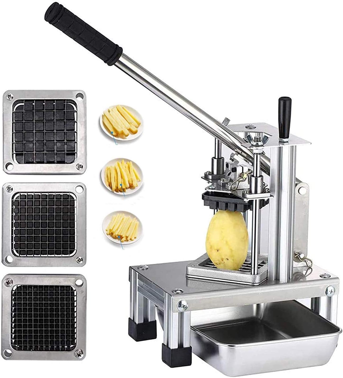 InLoveArts Professional French Fries Cutter, Commercial Potato and Vegetable Slicer with Stainless Steel Blades Size 1/4 "1/2" 3/8" and Food Plate