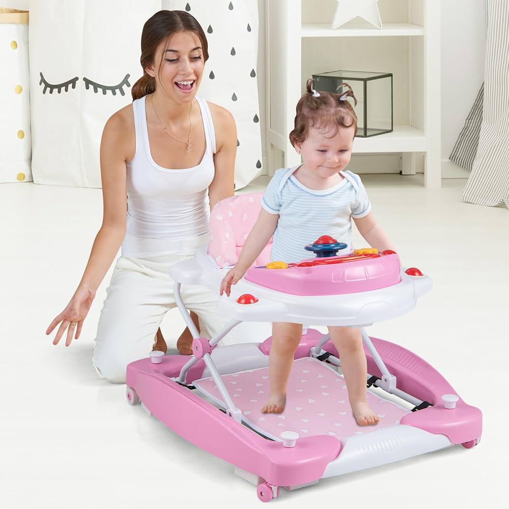 Maxmass 6-in-1 Baby Walker, Infant Activity Center With 3 Adjustable Heights, Light, Music, Wheels, Padded Seat, Rocker Mode And Food Tray, Foldable Toddler Push Along Walker For 6-18 Months (Blue