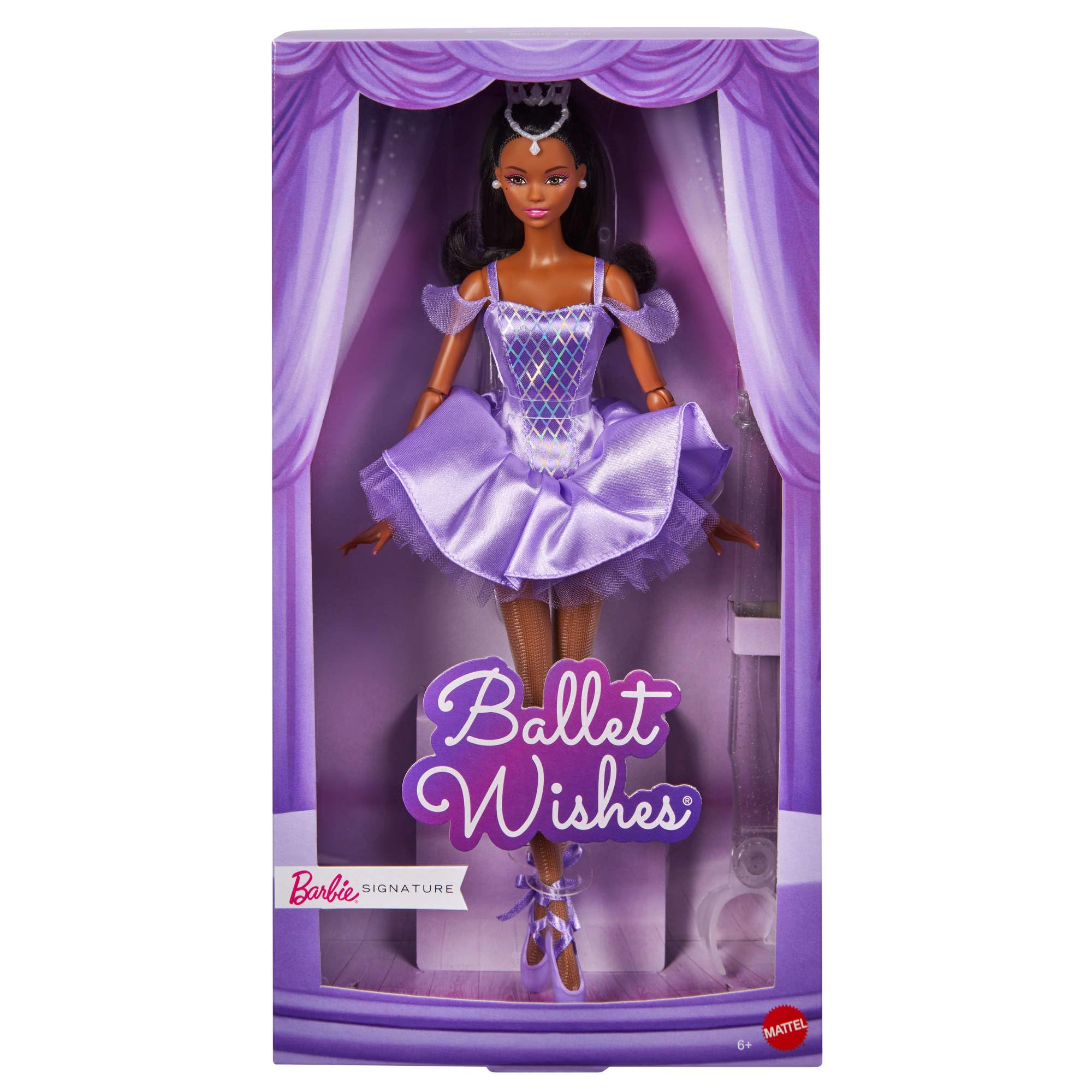Barbie Signature Bambola Ballet Wishes con capelli neri con coda alta | Bambola da collezione con tutù viola satinato e confezione regalo, JJX76
