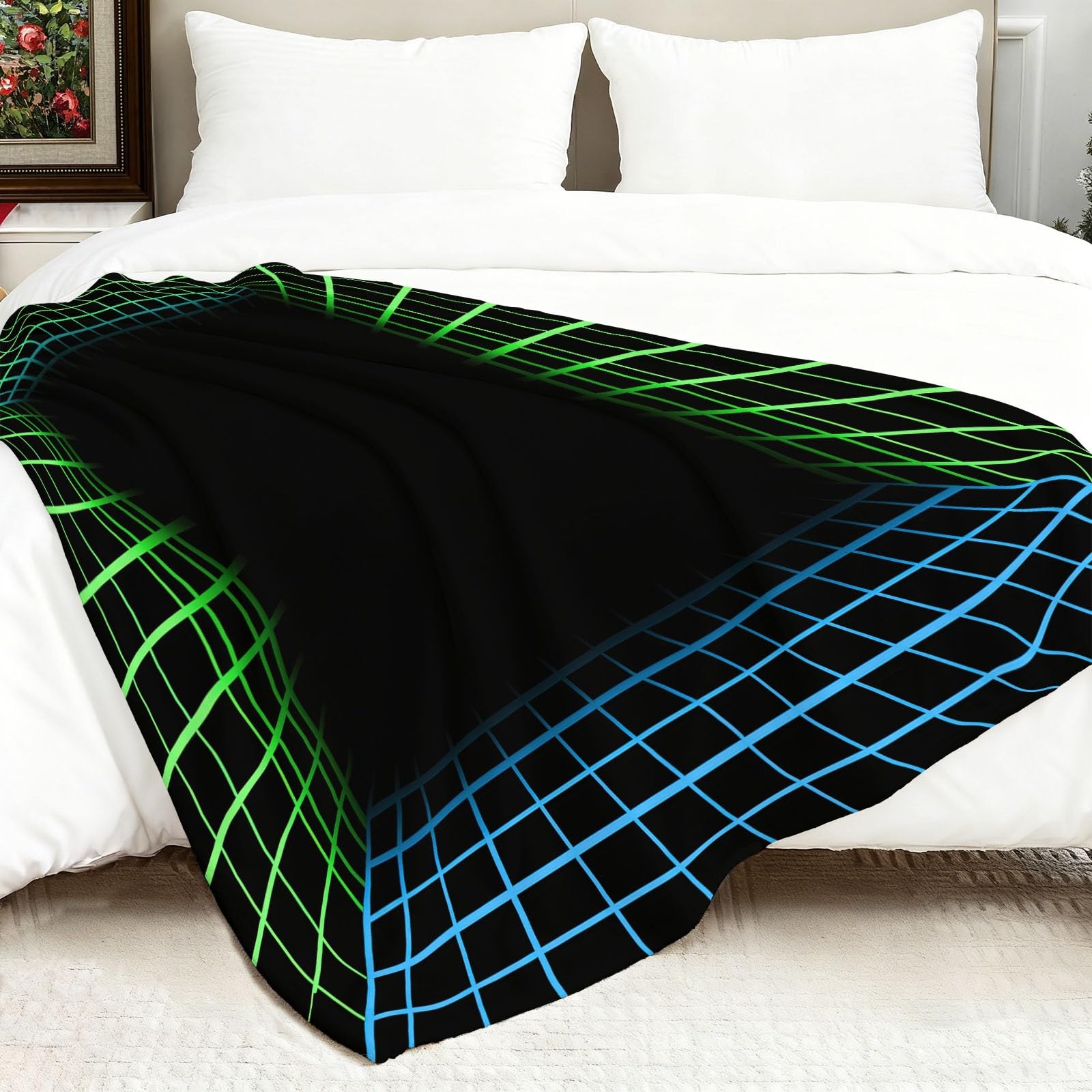 Griglia Geometrica Coperta Plaid Matrimoniale Linee Al Neon Coperta Flanella 180 x 220 cm, Nero Copridivano In Microfibra Morbida - Coperte Termica Per Plaid Divano Copriletto