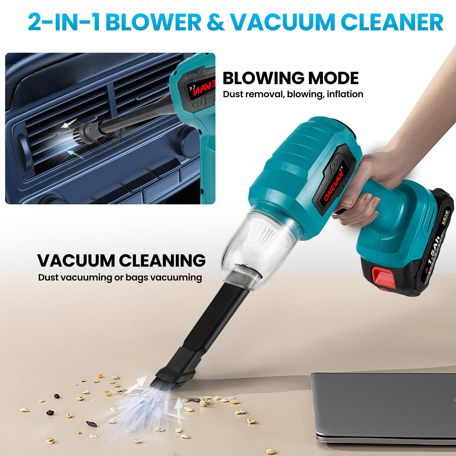 ONEVAN Akku Handstaubsauger 4-in-1 Mit Blasfunktion – Kabellos, 5000Pa, Für Auto & Haus