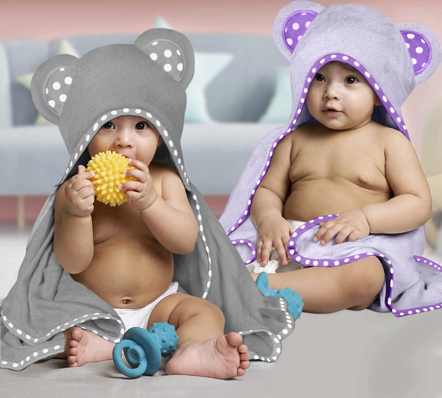 ZEYUMEE - Juego de 2 toallas de bebé con capucha de viscosa de bambú, color morado y gris, lujosas, grandes y superabsorbentes, 30 x 30 pulgadas, suaves y adecuadas para bebés, niños pequeños y niños