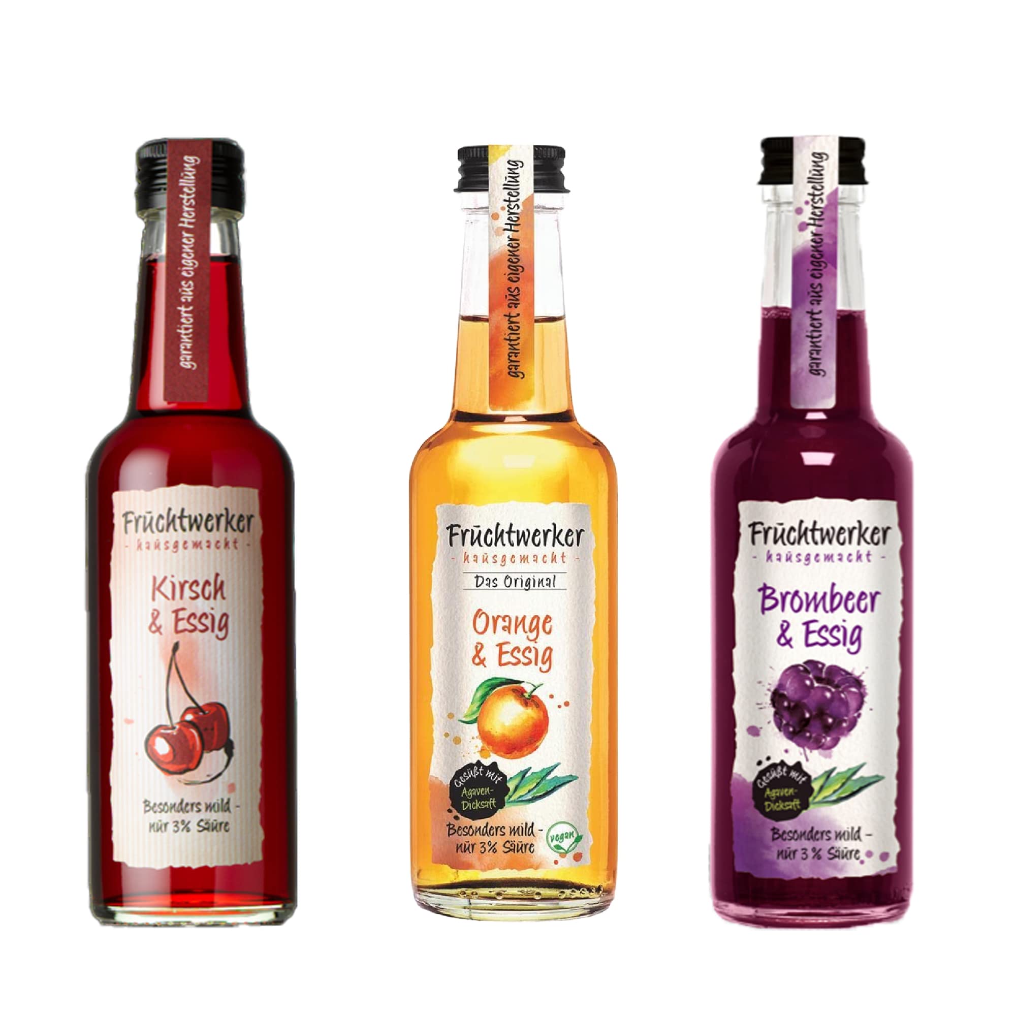 Fruchtwerker Set vinaigre et fruits I Différentes variétés I Fruité I Vinaigre de fruits I Set vinaigre I Pur végétal I Sucré I Dans des bouteilles en verre (cerise + orange + mûre)