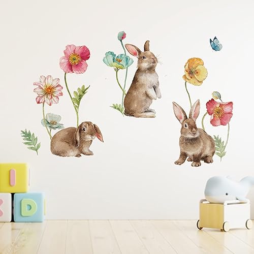 Miniatura 6 de Mfault Calcomanías de pared de conejo de Pascua calcomanías de flores de amapola para decoración de habitación de sala de estar dormitorio