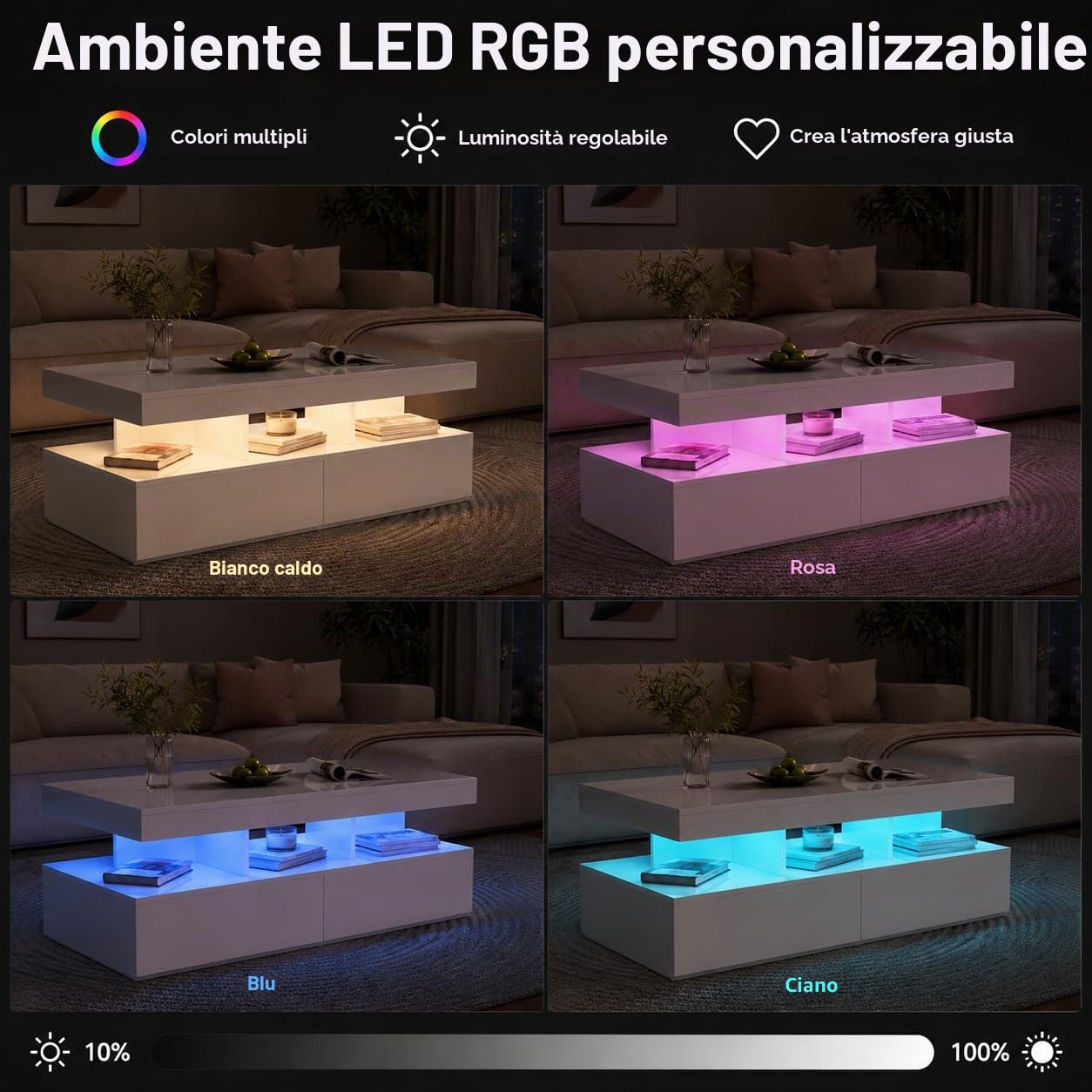 Tavolino da salotto, bianco, lucido, con illuminazione a LED RGB, tavolino con 2 cassetti, tavolino con vano portaoggetti, moderno, superficie liscia, 104 x 46 x 53 cm (bianco)