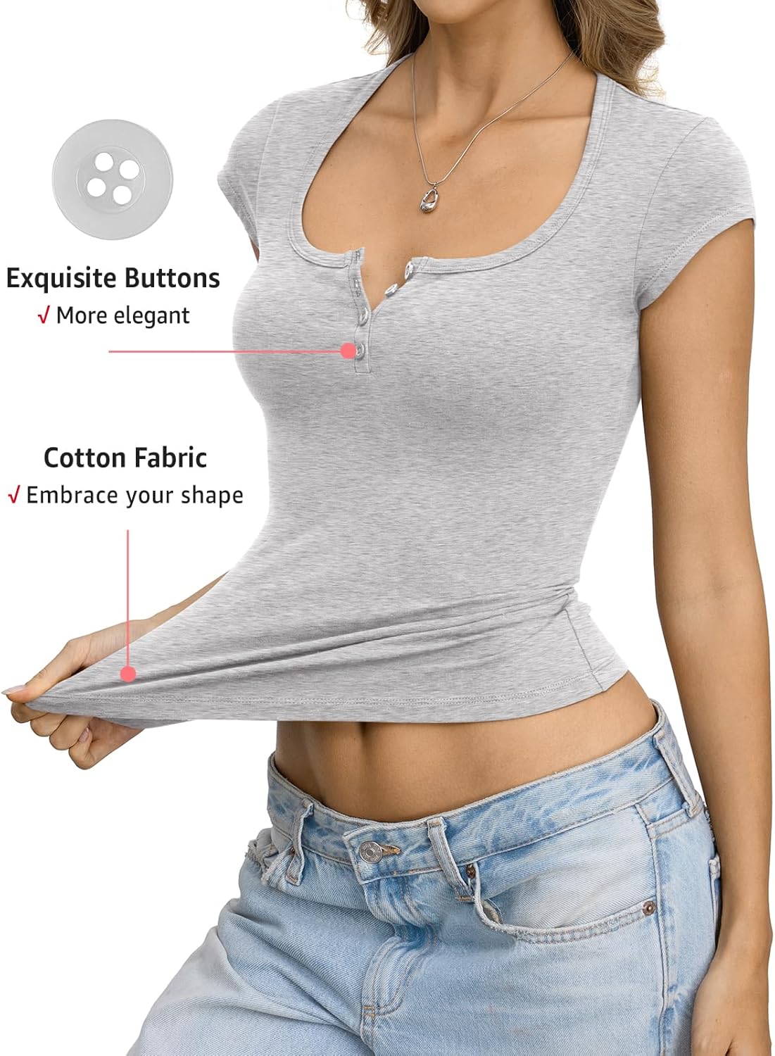 Womens Cotton Henley Shirts Square Neck Short Sleeve Tops Slim Fit Summer T-Shirt Trendy Outfits Clothes 2026 - Image 3